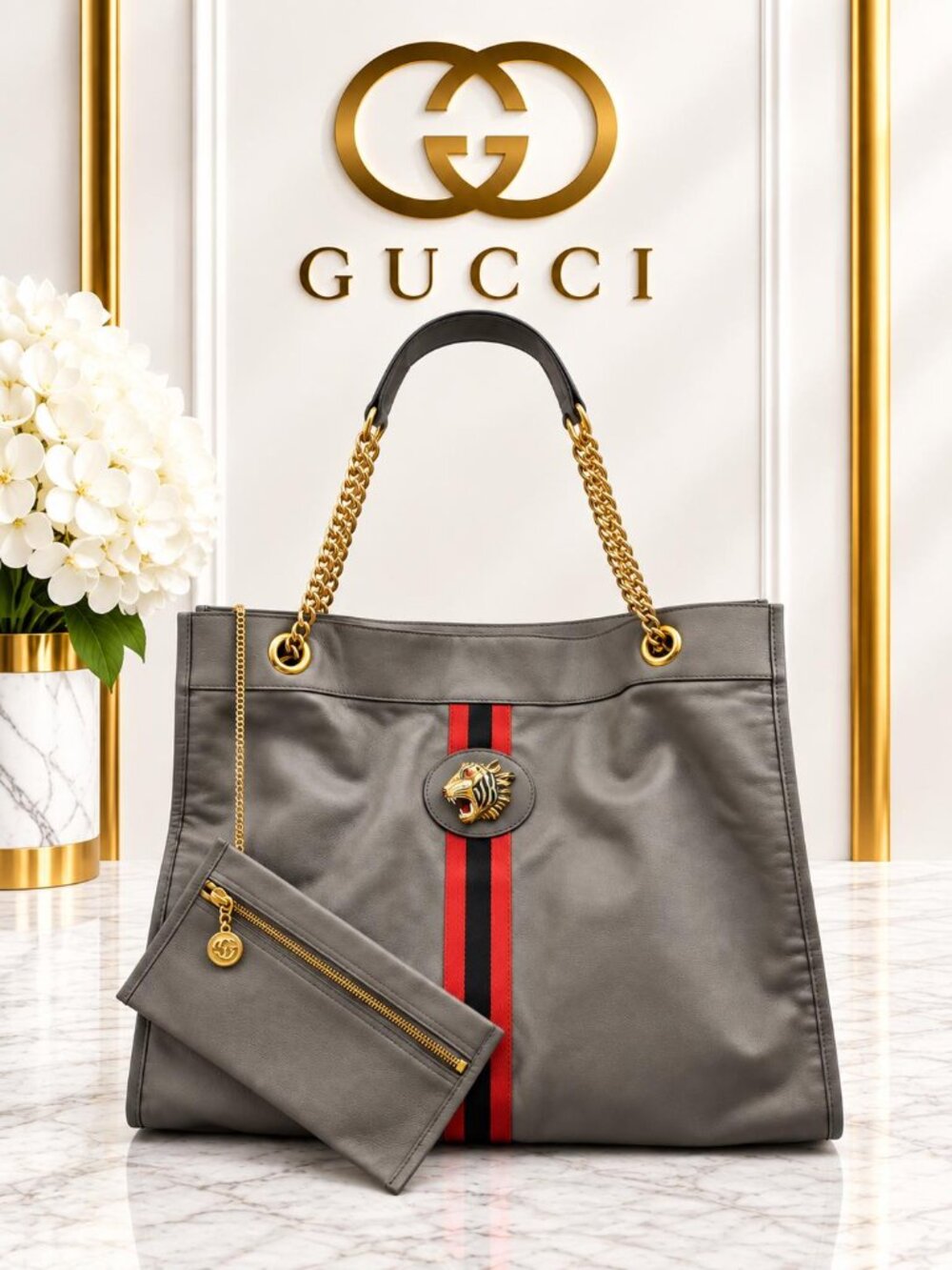 Authentic Gucci Rajah Gray Leather Tiger Head Chain Tote With Pouch